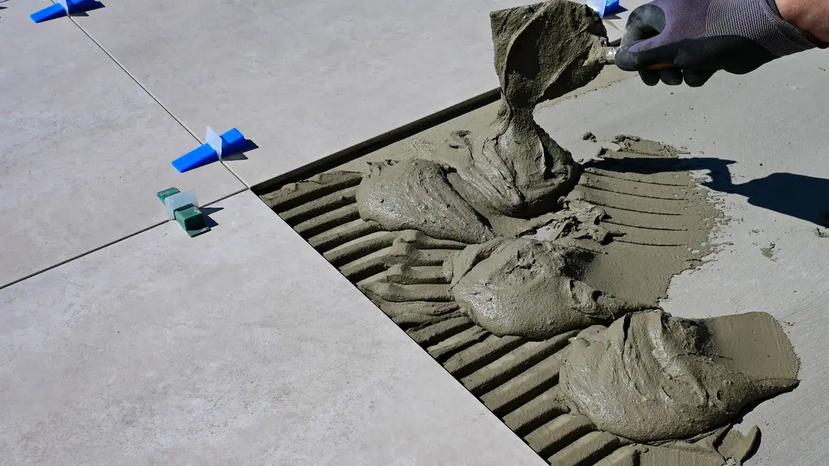 Adhesive mortar applied while laying floor tiles